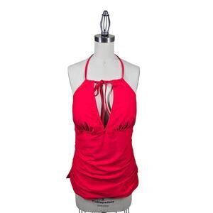 Yonique Tankini Tank Top sz L Red Halter Neck Built in Bra Tie Front
